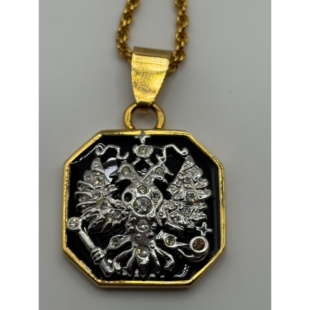 Vintage Joan Rivers Imperial Eagle Pendant Necklace Rhinestone Gold Tone Enamel